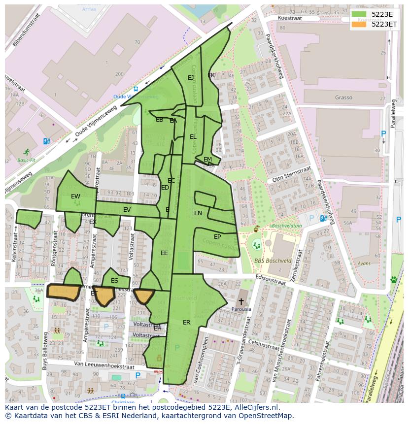 Afbeelding van het postcodegebied 5223 ET op de kaart.