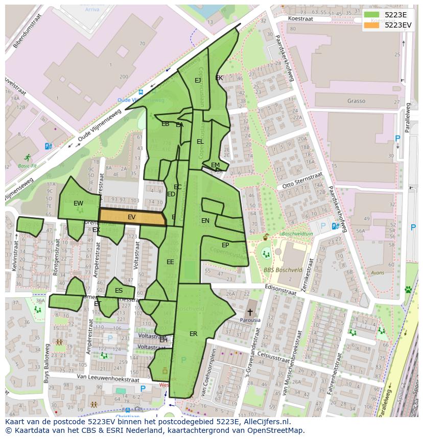 Afbeelding van het postcodegebied 5223 EV op de kaart.