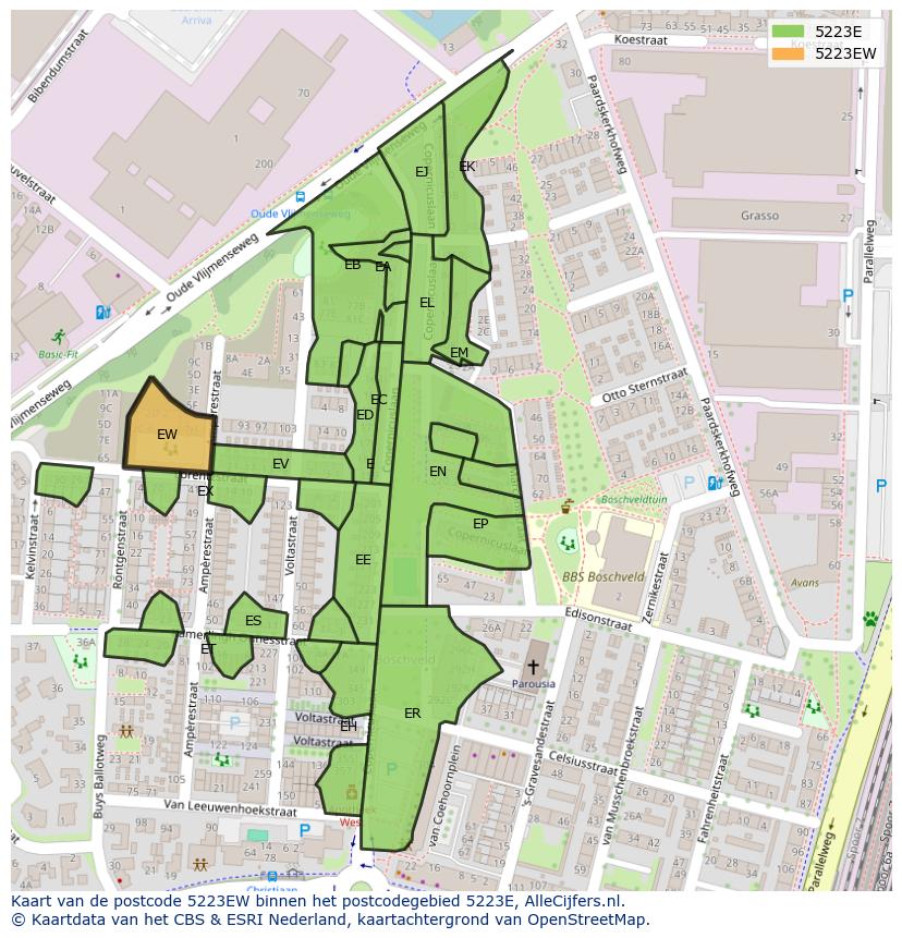 Afbeelding van het postcodegebied 5223 EW op de kaart.