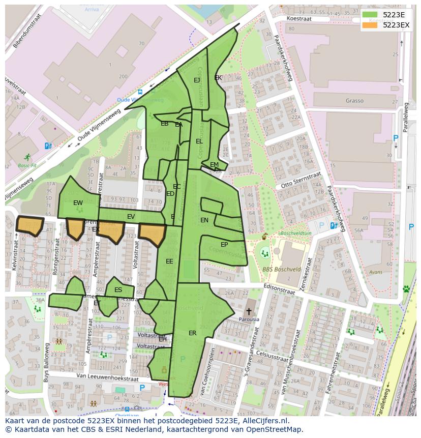 Afbeelding van het postcodegebied 5223 EX op de kaart.