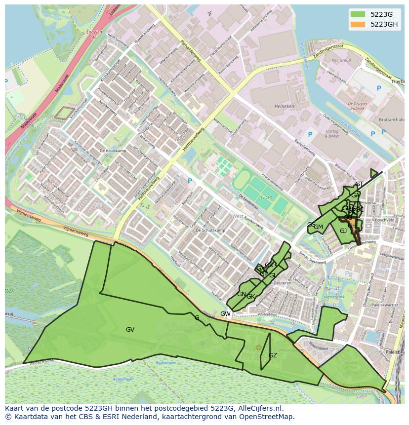 Afbeelding van het postcodegebied 5223 GH op de kaart.