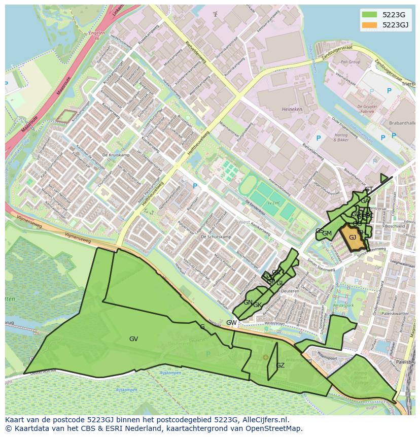 Afbeelding van het postcodegebied 5223 GJ op de kaart.