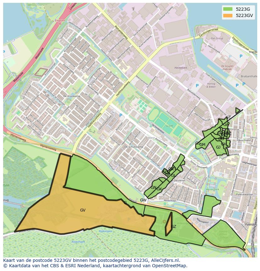 Afbeelding van het postcodegebied 5223 GV op de kaart.
