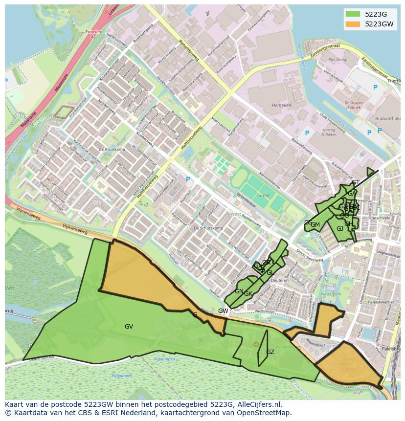 Afbeelding van het postcodegebied 5223 GW op de kaart.
