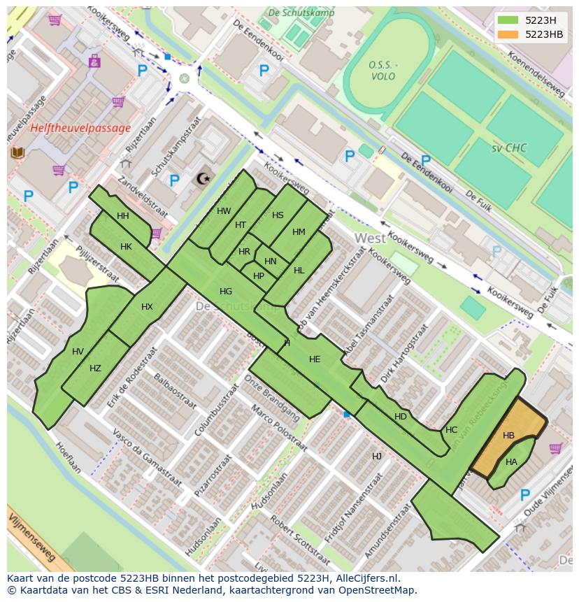 Afbeelding van het postcodegebied 5223 HB op de kaart.