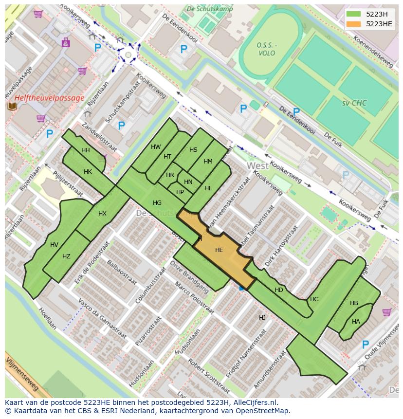 Afbeelding van het postcodegebied 5223 HE op de kaart.