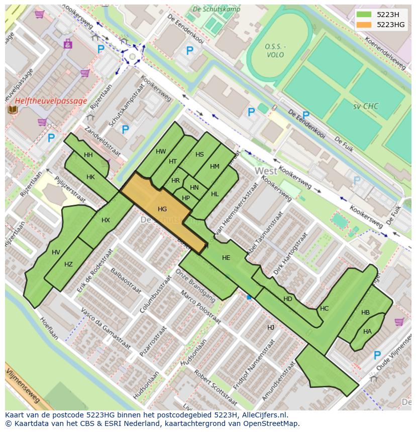 Afbeelding van het postcodegebied 5223 HG op de kaart.