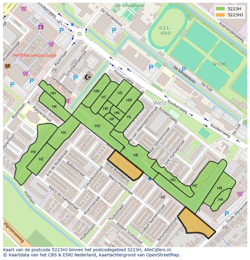 Afbeelding van het postcodegebied 5223 HJ op de kaart.
