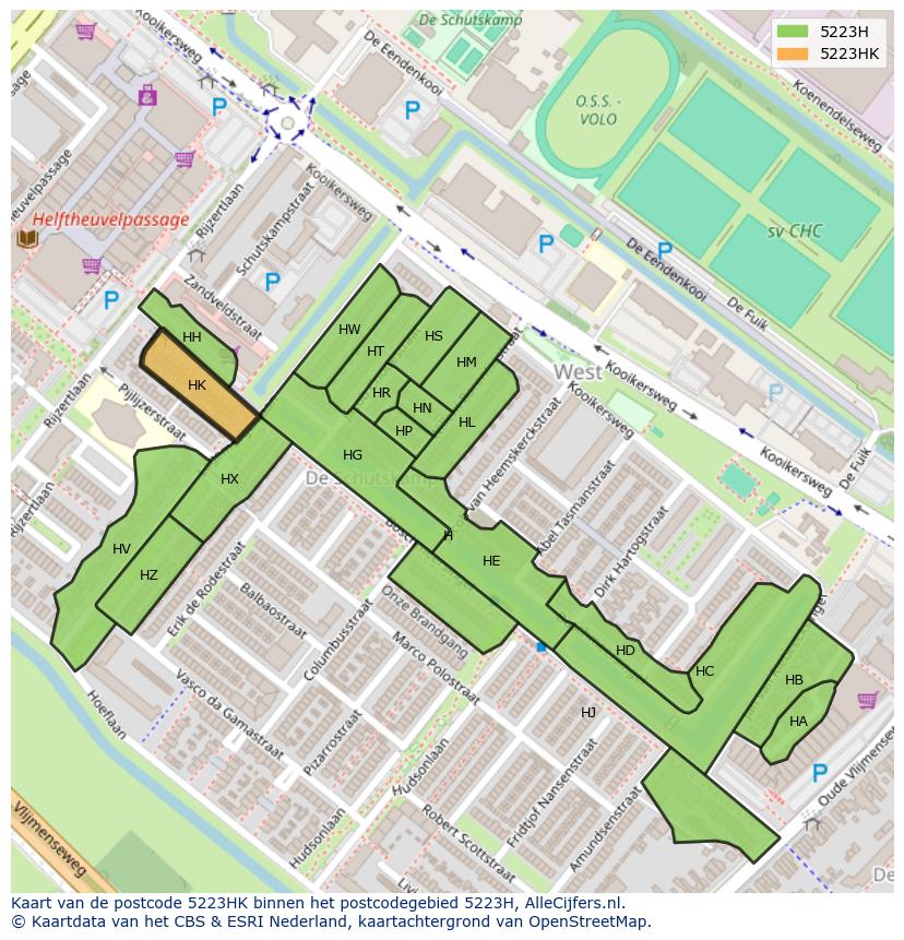 Afbeelding van het postcodegebied 5223 HK op de kaart.