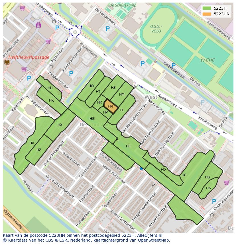 Afbeelding van het postcodegebied 5223 HN op de kaart.