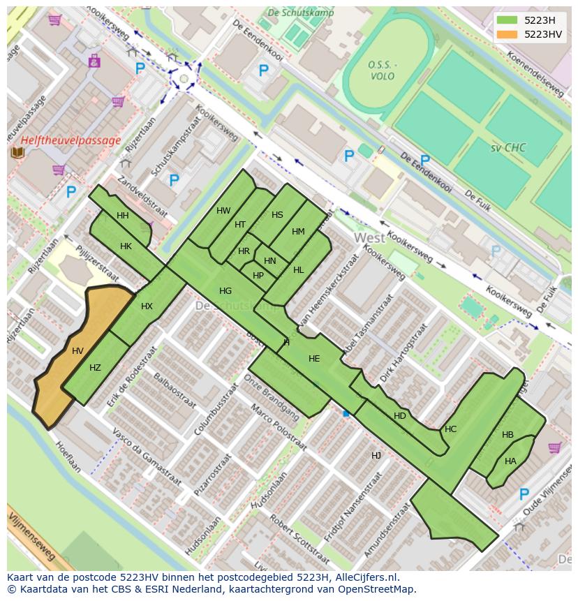 Afbeelding van het postcodegebied 5223 HV op de kaart.