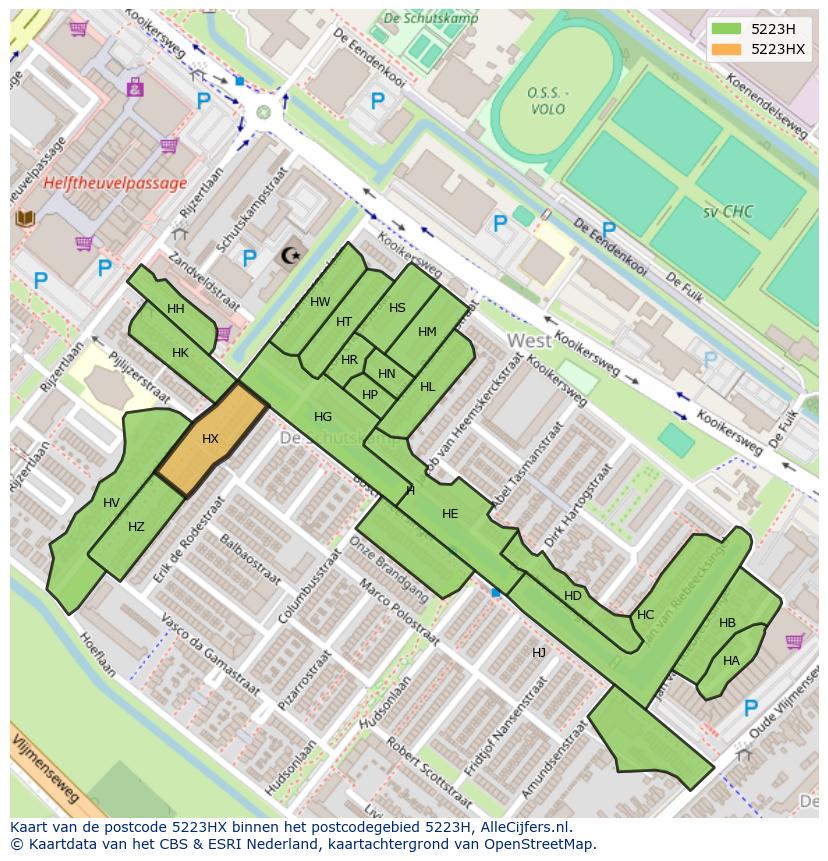 Afbeelding van het postcodegebied 5223 HX op de kaart.