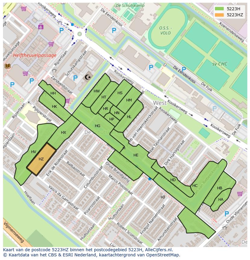 Afbeelding van het postcodegebied 5223 HZ op de kaart.