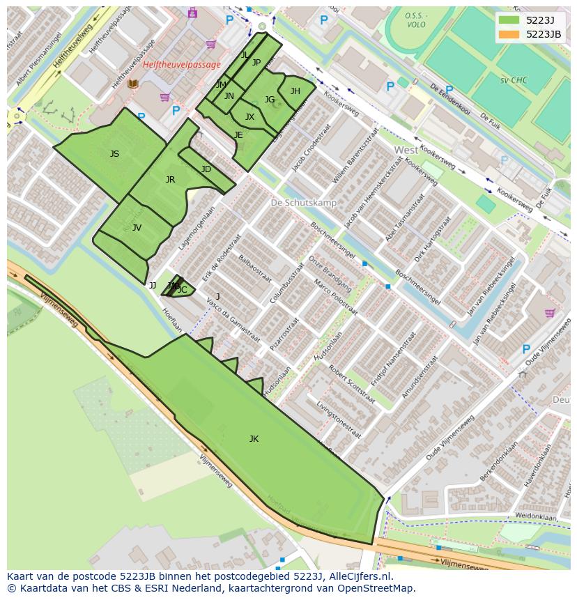 Afbeelding van het postcodegebied 5223 JB op de kaart.