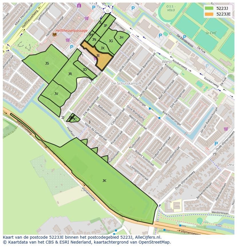 Afbeelding van het postcodegebied 5223 JE op de kaart.