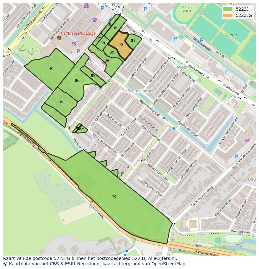 Afbeelding van het postcodegebied 5223 JG op de kaart.