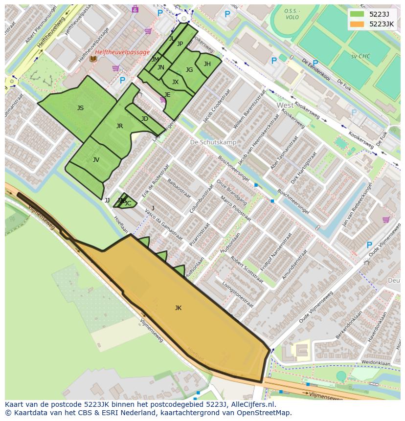 Afbeelding van het postcodegebied 5223 JK op de kaart.