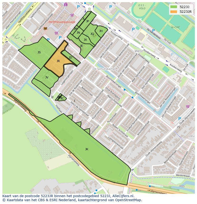 Afbeelding van het postcodegebied 5223 JR op de kaart.