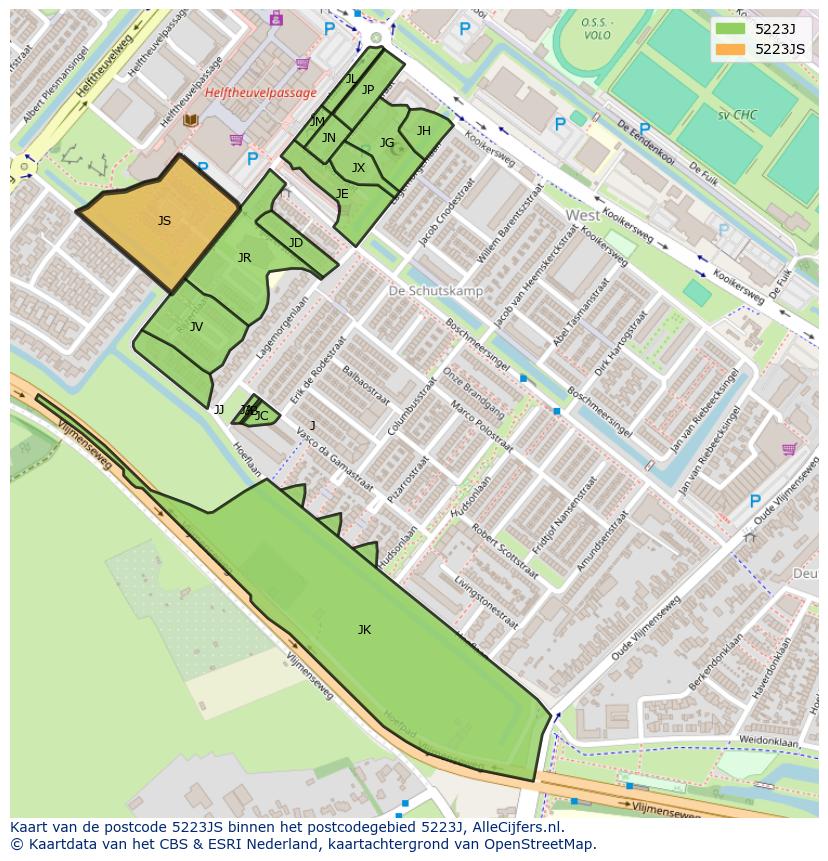 Afbeelding van het postcodegebied 5223 JS op de kaart.