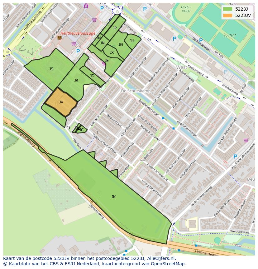 Afbeelding van het postcodegebied 5223 JV op de kaart.
