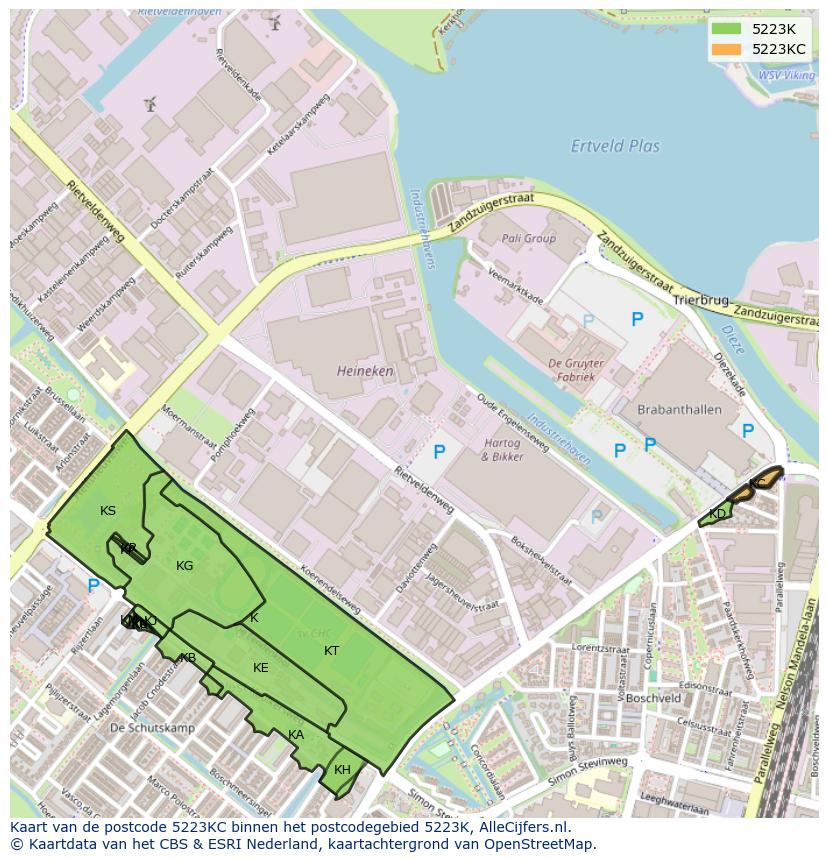 Afbeelding van het postcodegebied 5223 KC op de kaart.