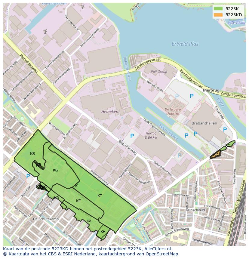 Afbeelding van het postcodegebied 5223 KD op de kaart.