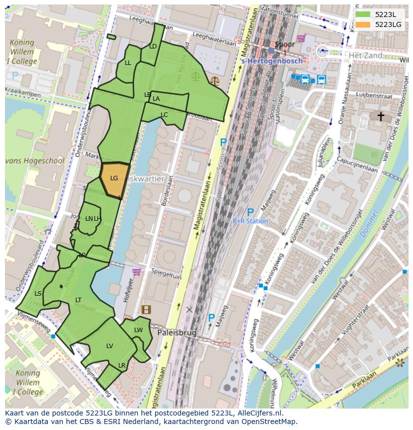 Afbeelding van het postcodegebied 5223 LG op de kaart.