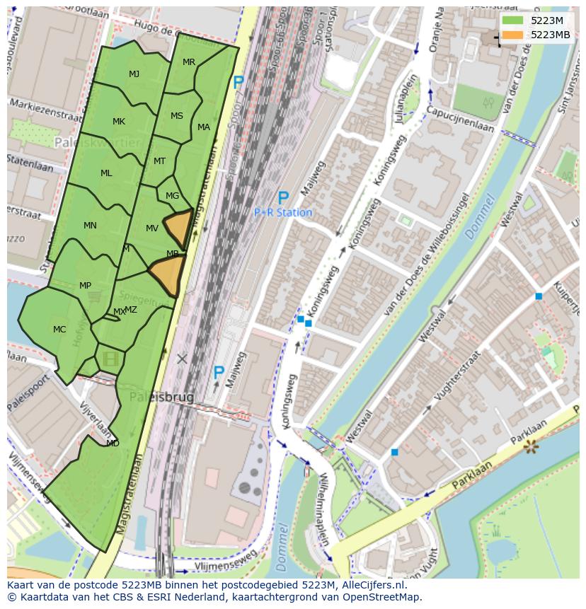 Afbeelding van het postcodegebied 5223 MB op de kaart.