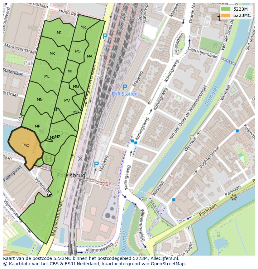 Afbeelding van het postcodegebied 5223 MC op de kaart.