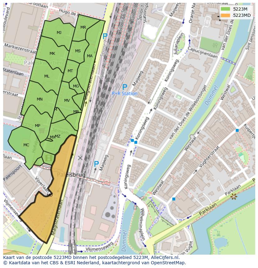 Afbeelding van het postcodegebied 5223 MD op de kaart.