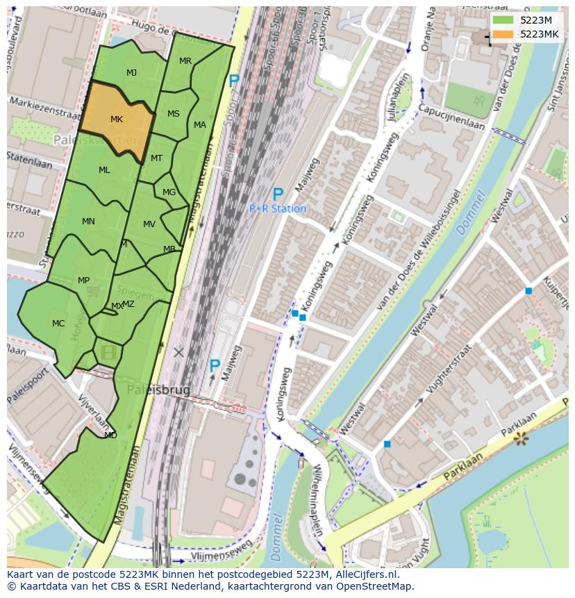 Afbeelding van het postcodegebied 5223 MK op de kaart.