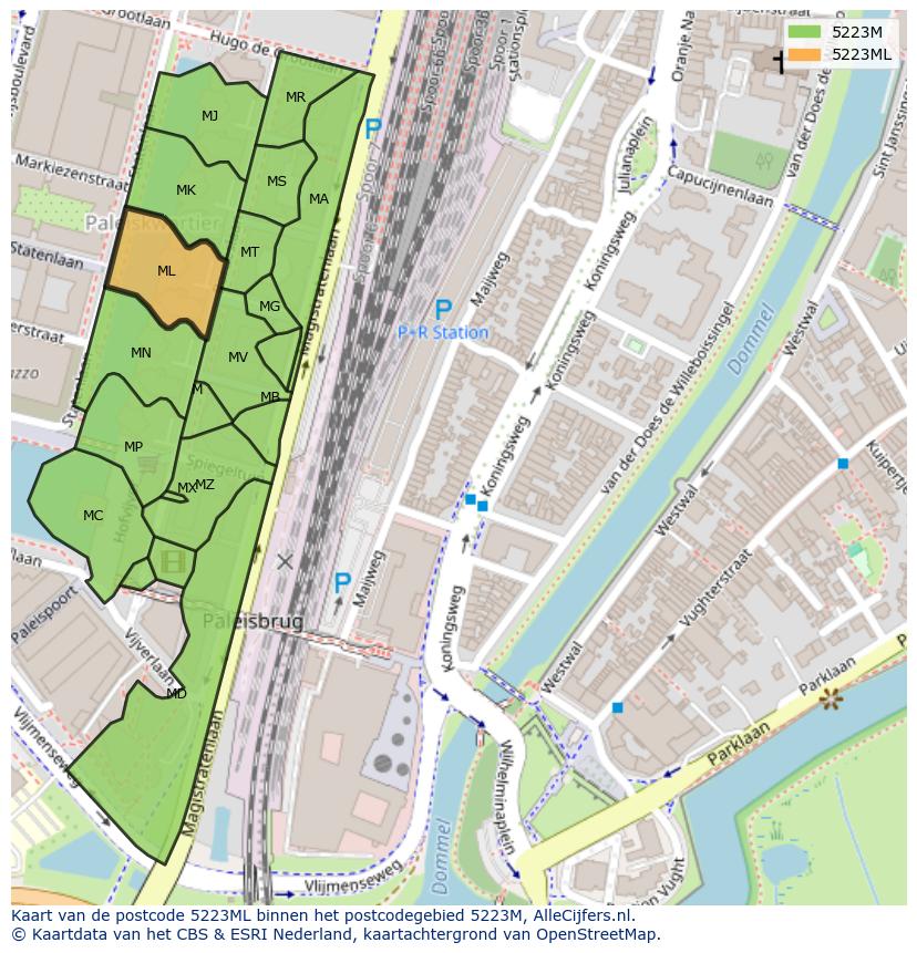 Afbeelding van het postcodegebied 5223 ML op de kaart.