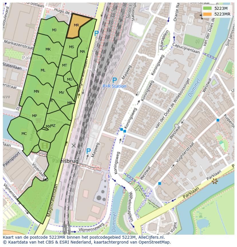 Afbeelding van het postcodegebied 5223 MR op de kaart.