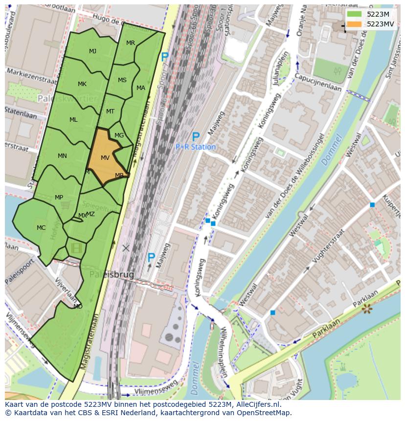 Afbeelding van het postcodegebied 5223 MV op de kaart.