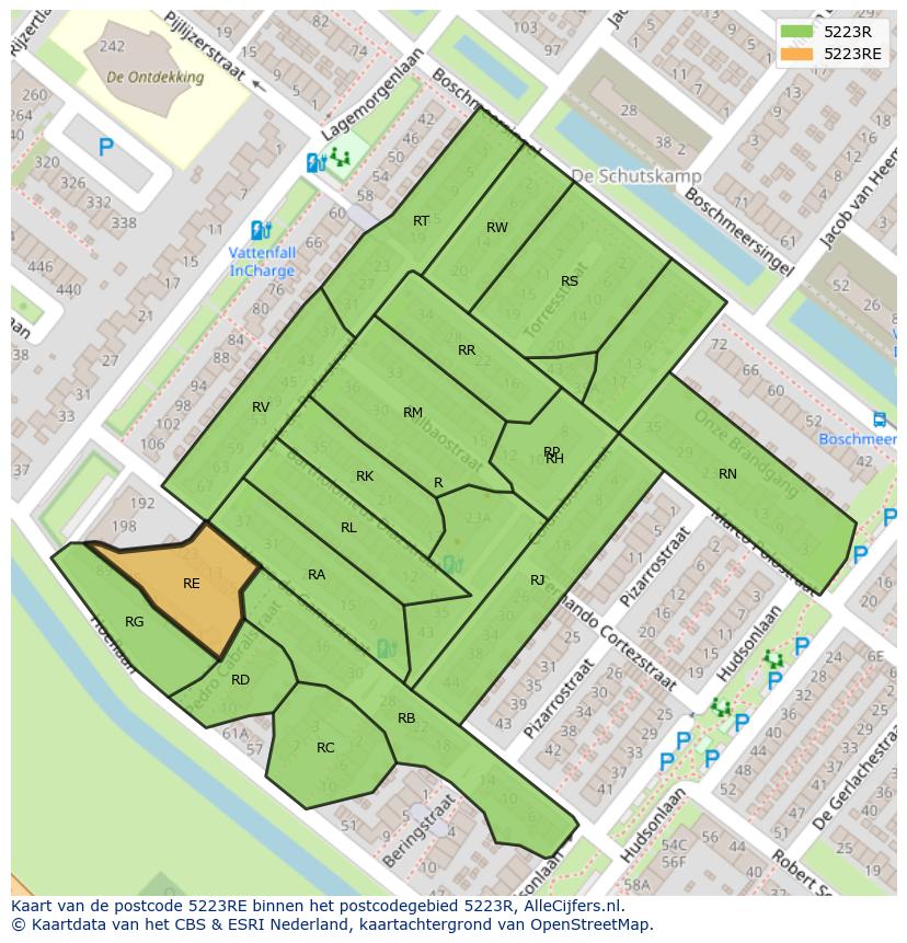 Afbeelding van het postcodegebied 5223 RE op de kaart.