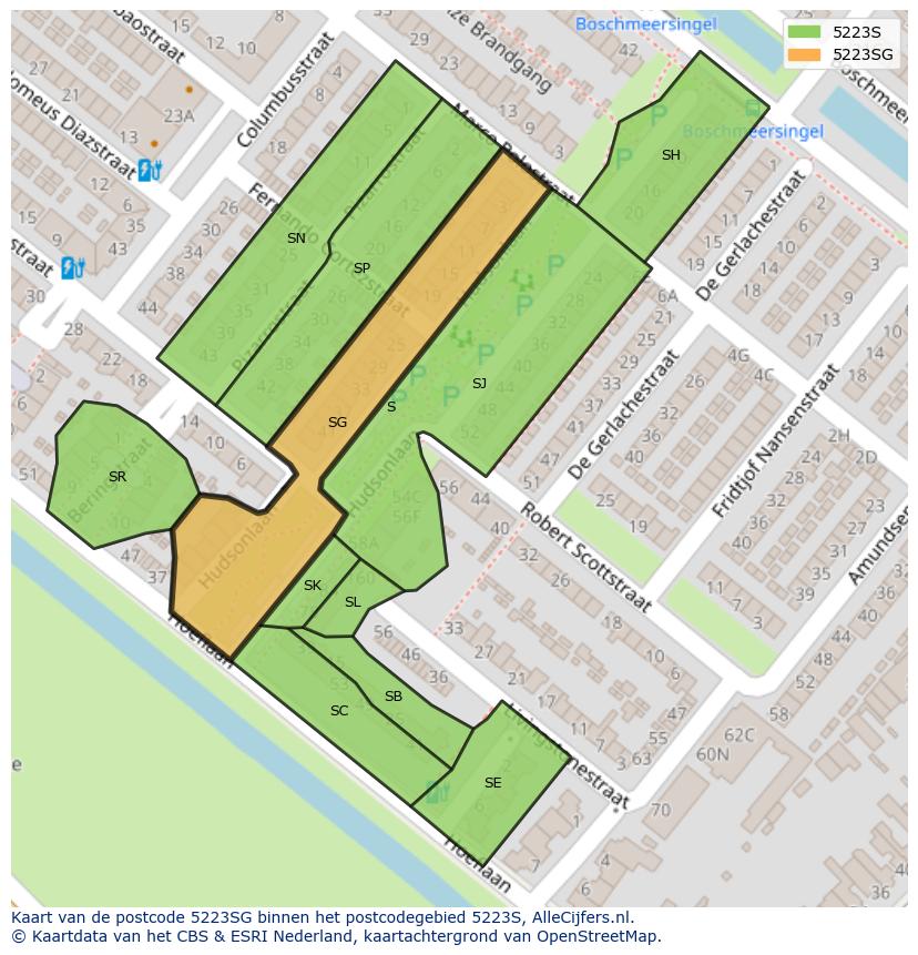 Afbeelding van het postcodegebied 5223 SG op de kaart.