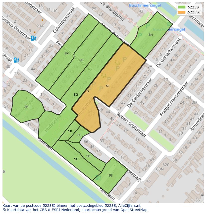 Afbeelding van het postcodegebied 5223 SJ op de kaart.