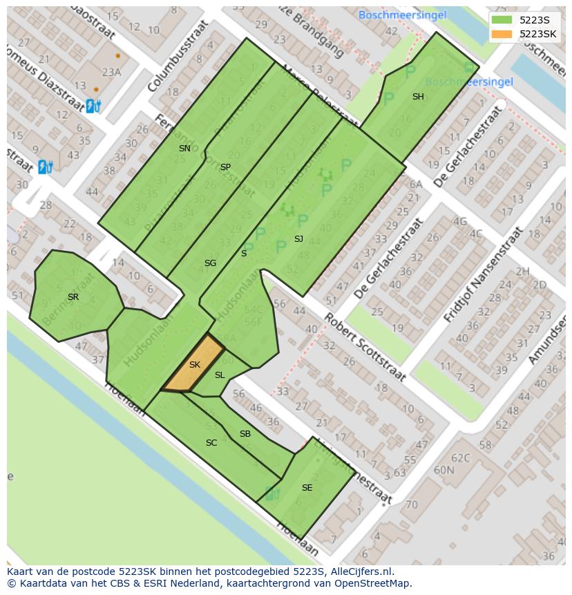 Afbeelding van het postcodegebied 5223 SK op de kaart.