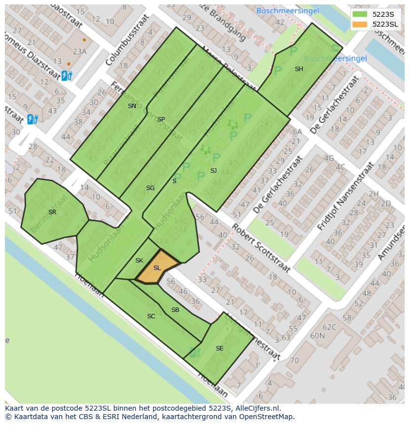 Afbeelding van het postcodegebied 5223 SL op de kaart.