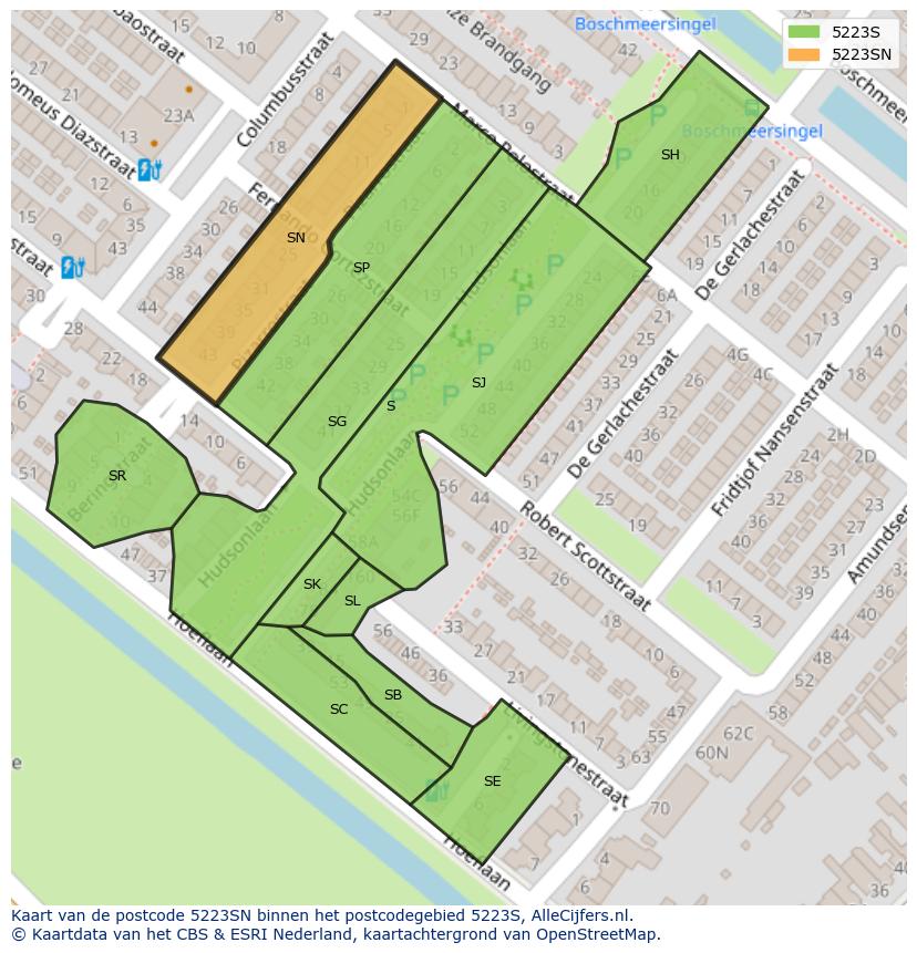 Afbeelding van het postcodegebied 5223 SN op de kaart.