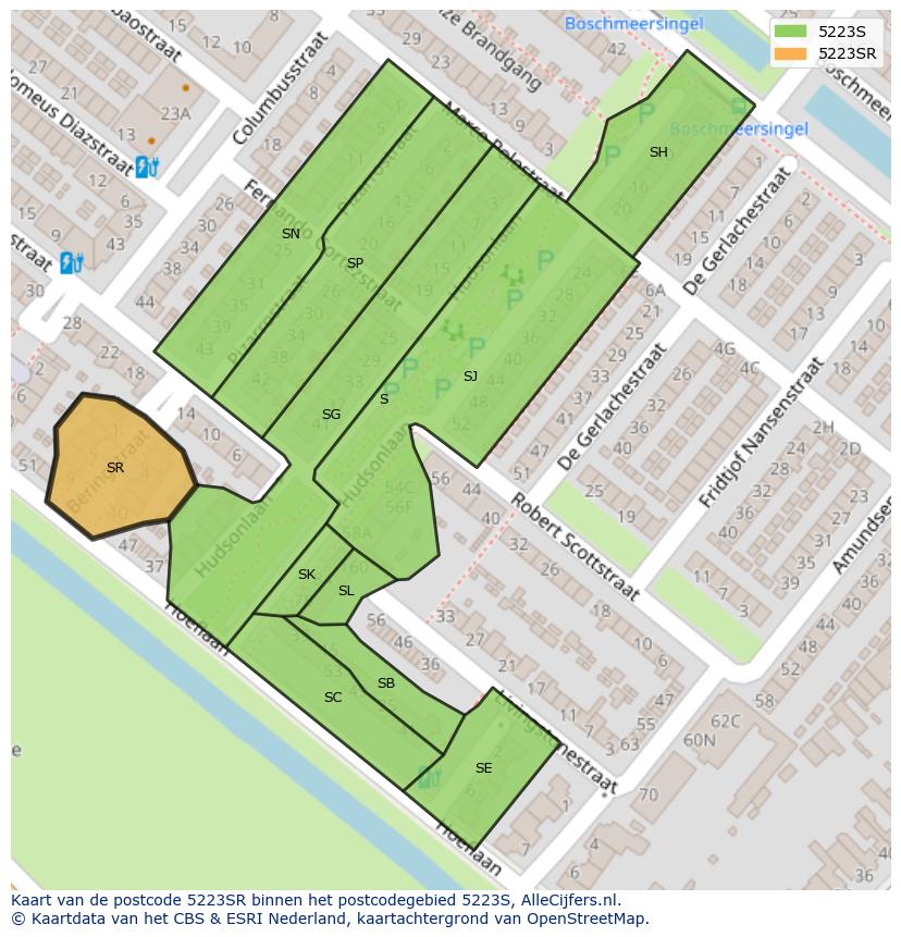 Afbeelding van het postcodegebied 5223 SR op de kaart.