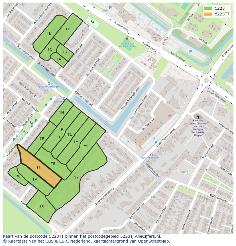 Afbeelding van het postcodegebied 5223 TT op de kaart.