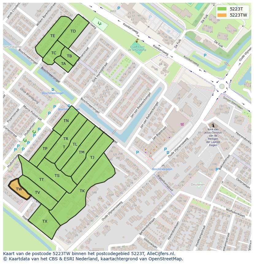 Afbeelding van het postcodegebied 5223 TW op de kaart.