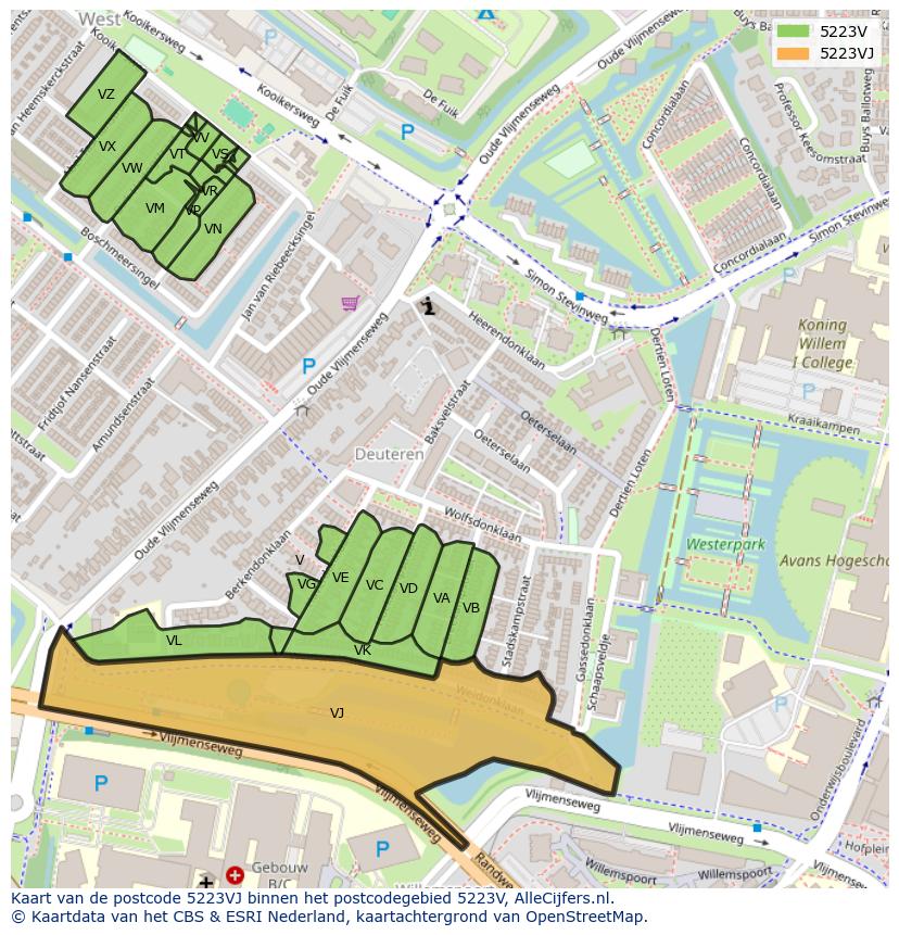 Afbeelding van het postcodegebied 5223 VJ op de kaart.