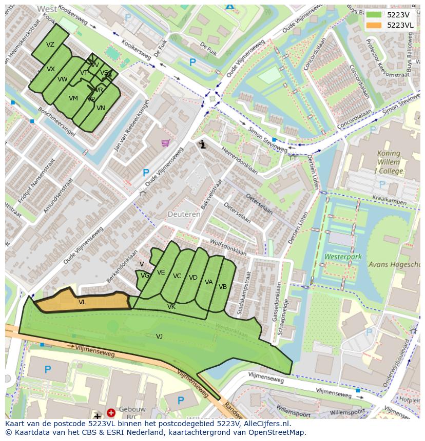 Afbeelding van het postcodegebied 5223 VL op de kaart.