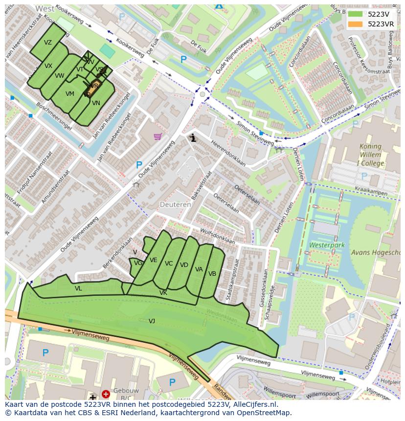 Afbeelding van het postcodegebied 5223 VR op de kaart.