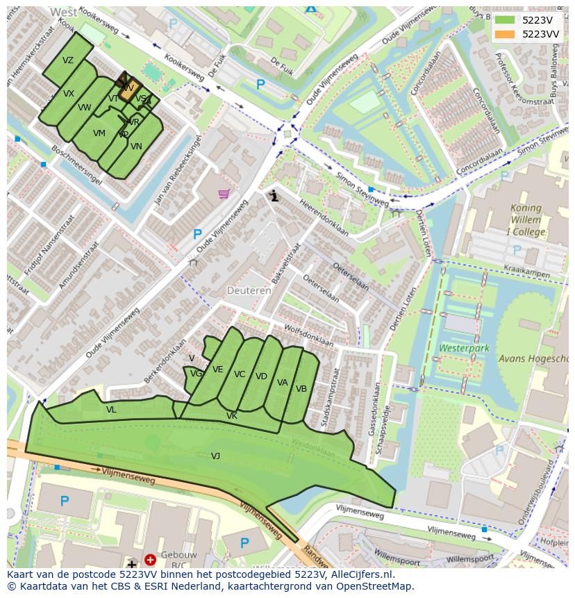 Afbeelding van het postcodegebied 5223 VV op de kaart.