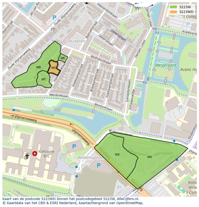 Afbeelding van het postcodegebied 5223 WD op de kaart.