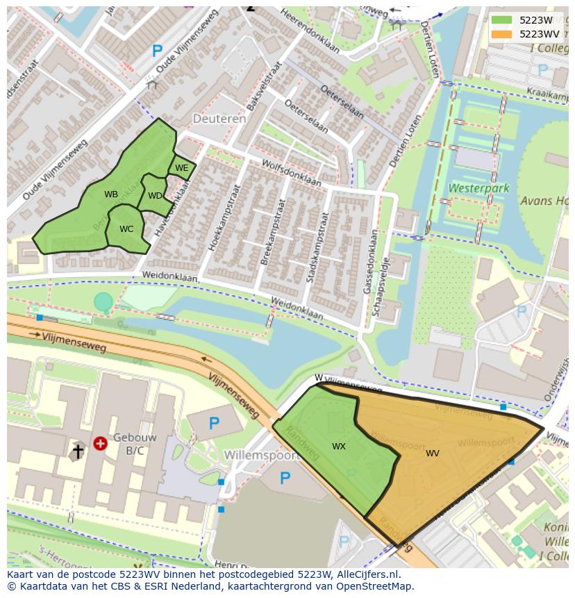 Afbeelding van het postcodegebied 5223 WV op de kaart.