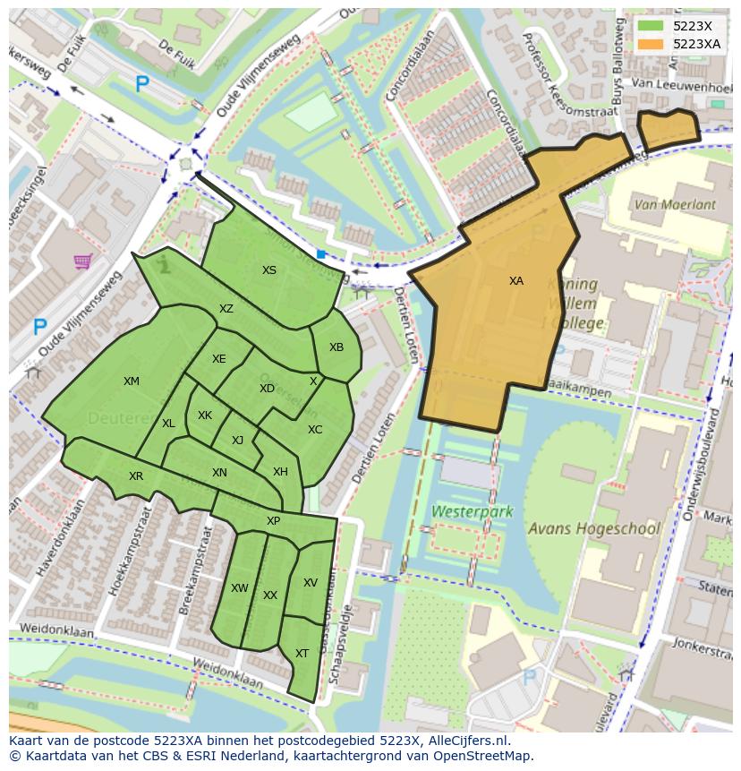 Afbeelding van het postcodegebied 5223 XA op de kaart.